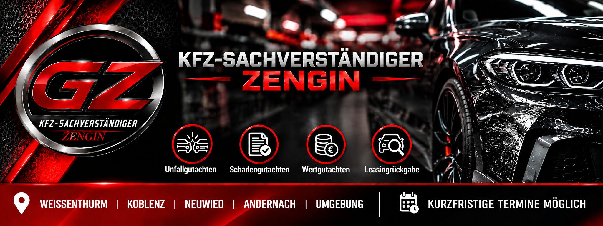 Werbebanner KFZ-Sachverständiger Zengin: Unfallgutachten, Schadengutachten, Wertgutachten, Leasingrückgabe – Weißenthurm, Koblenz, Neuwied, Andernach und Umgebung